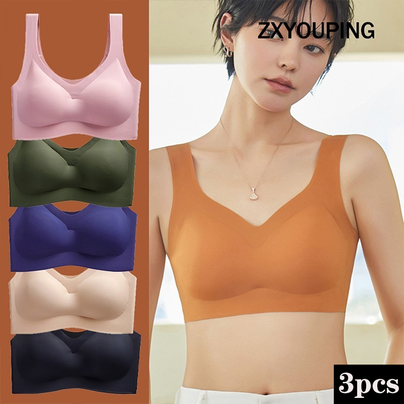 Cotton Bra Everyday - สปอร์ตบราเซ็กซี่3ชิ้นพร้อมแผ่นรองที่นุ่มสบายไม่มีห่วงเหล็ก M-XXL ดันทรงใส่นอนขนาดพิเศษ